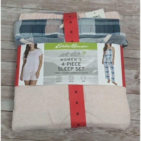 Eddie Bauer Womens Size Medium Teal Squares Stretch 4 Piece Sleepwear Pajama Set - Picture 1 of 6